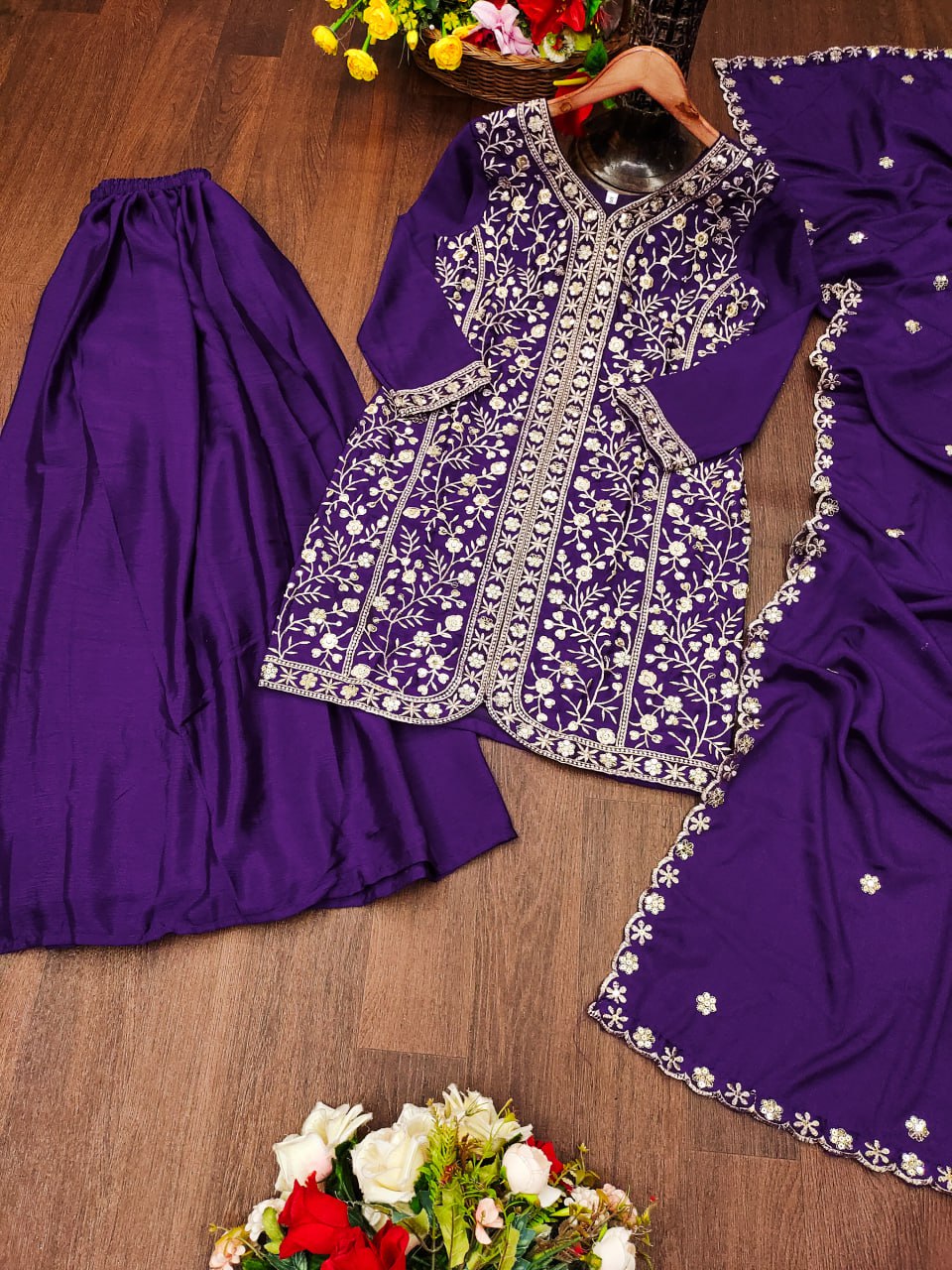 Prazu Fashion Violet Chinon Silk Sequence Embroidered Sharara Suit - Distacart