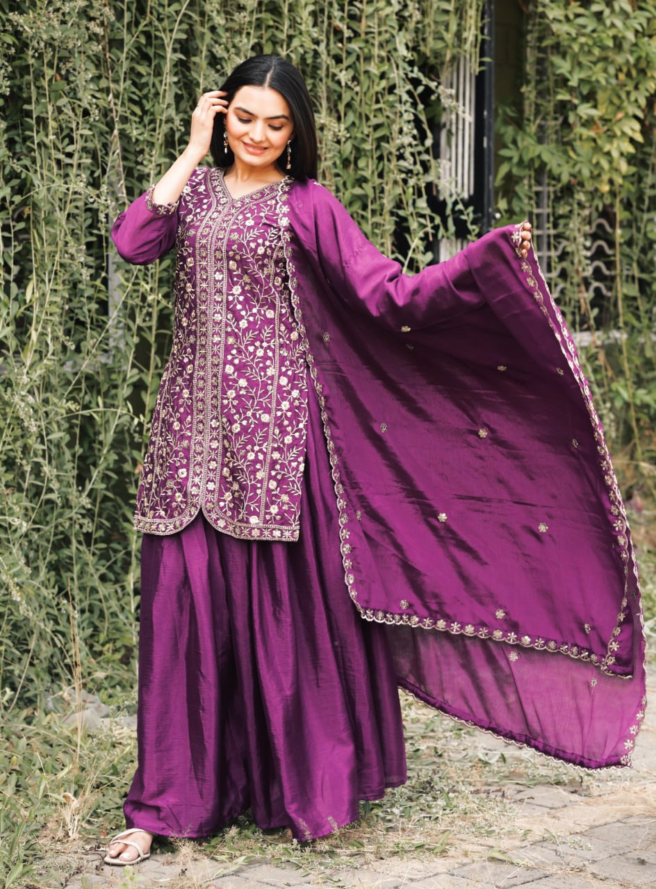 Prazu Fashion Wine Chinon Silk Embroidered Sharara Suit - Distacart