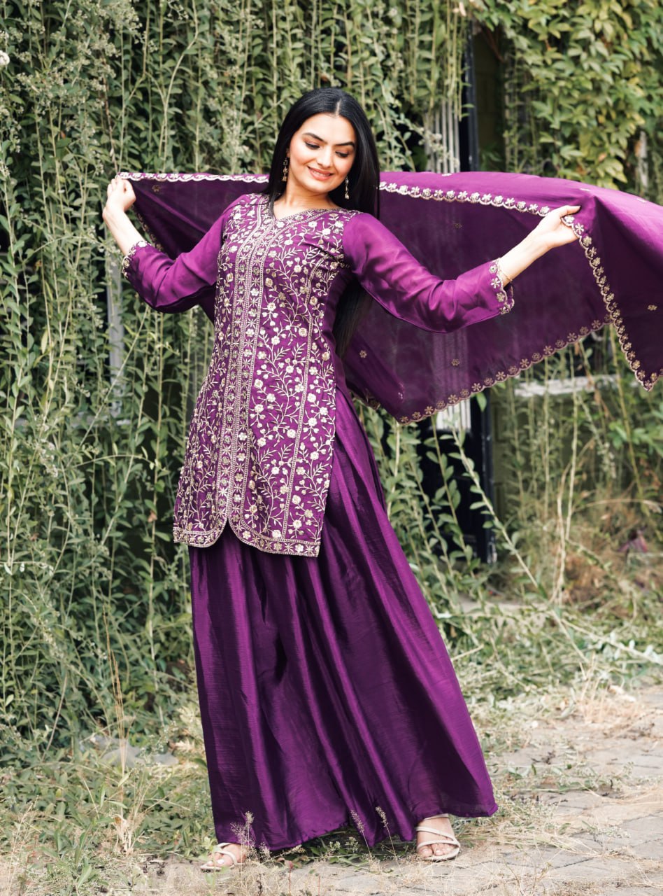 Prazu Fashion Wine Chinon Silk Embroidered Sharara Suit - Distacart