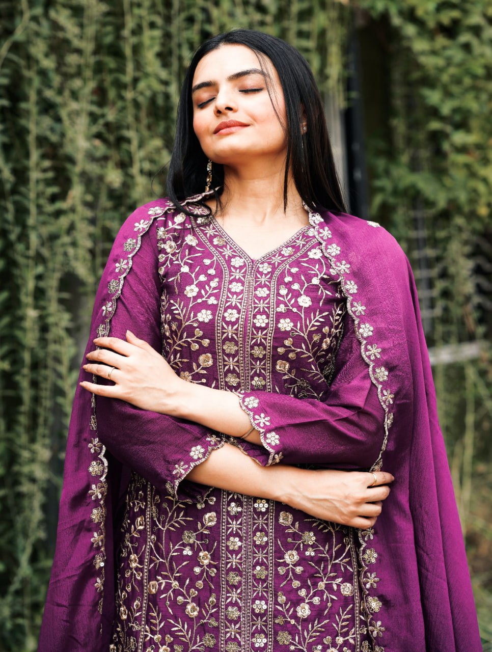 Prazu Fashion Wine Chinon Silk Embroidered Sharara Suit - Distacart