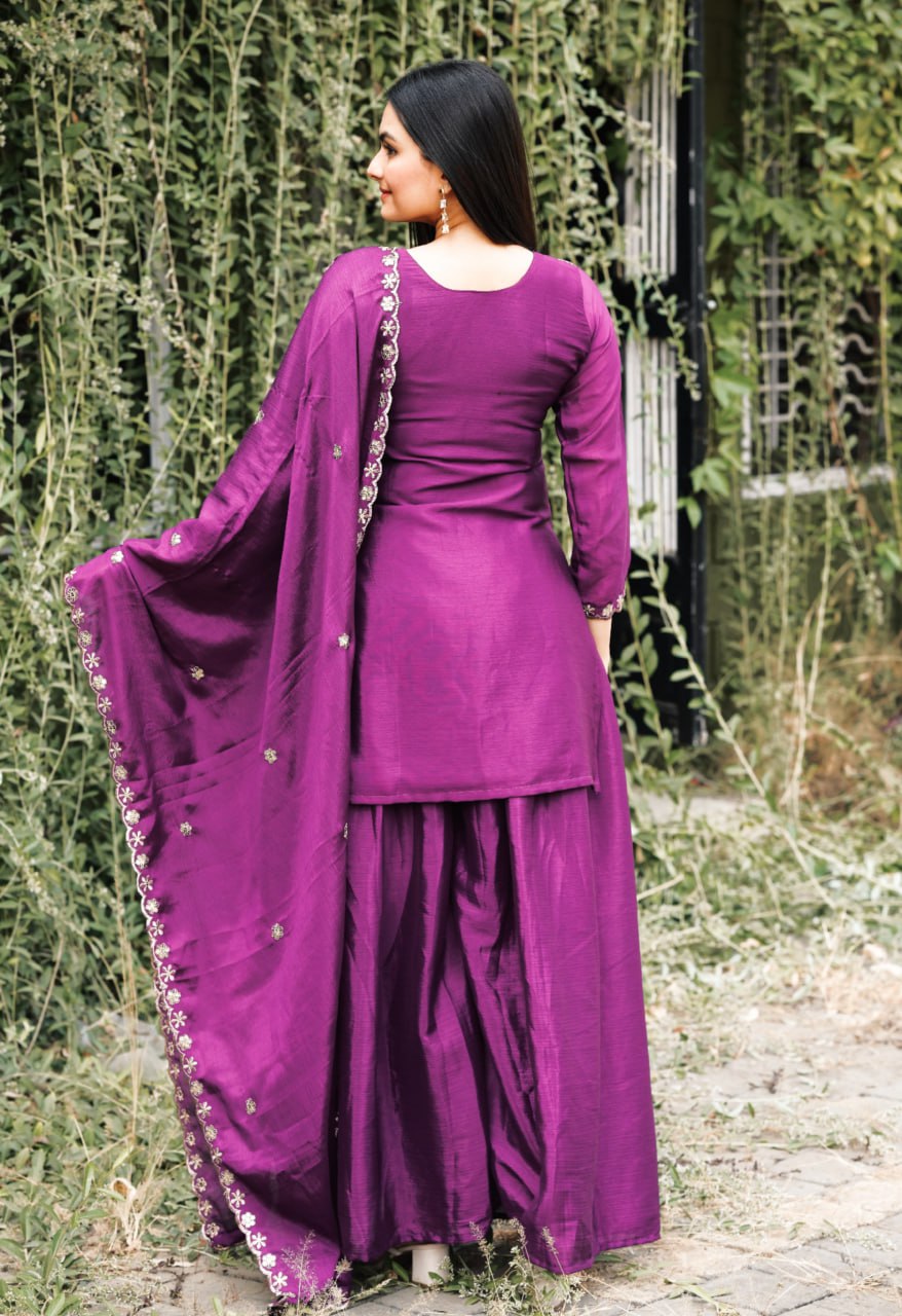 Prazu Fashion Wine Chinon Silk Embroidered Sharara Suit - Distacart