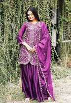 Prazu Fashion Wine Chinon Silk Embroidered Sharara Suit - Distacart