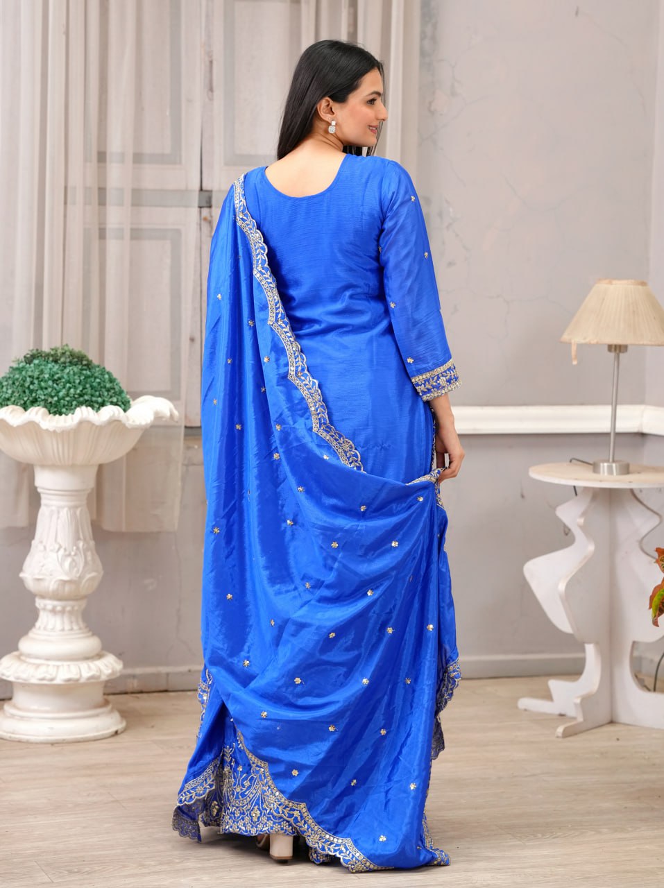 Teeya Creation Blue Color Chinnon Silk Heavy Embroidery Work Fully Stitched Sharara Suit - Distacart