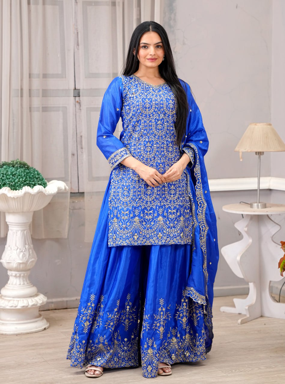 Teeya Creation Blue Color Chinnon Silk Heavy Embroidery Work Fully Stitched Sharara Suit - Distacart