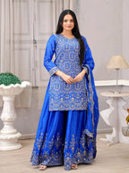 Teeya Creation Blue Color Chinnon Silk Heavy Embroidery Work Fully Stitched Sharara Suit - Distacart