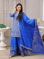 Teeya Creation Blue Color Chinnon Silk Heavy Embroidery Work Fully Stitched Sharara Suit - Distacart