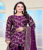 Teeya Creation Wine Color Chinnon Silk Heavy Embroidery Work Fully Stitched Sharara Suit