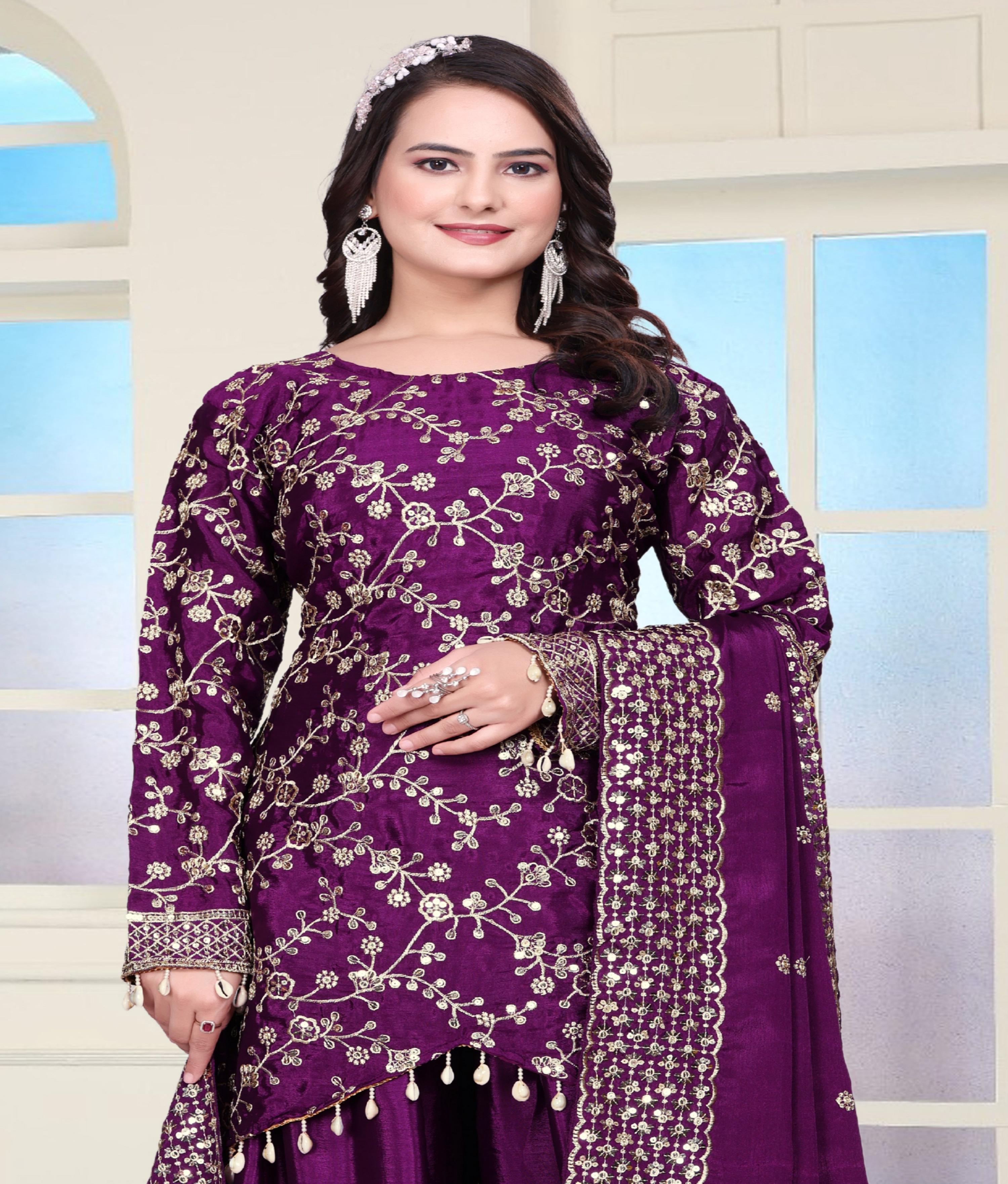 Teeya Creation Wine Color Chinnon Silk Heavy Embroidery Work Fully Stitched Sharara Suit
