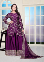 Teeya Creation Wine Color Chinnon Silk Heavy Embroidery Work Fully Stitched Sharara Suit