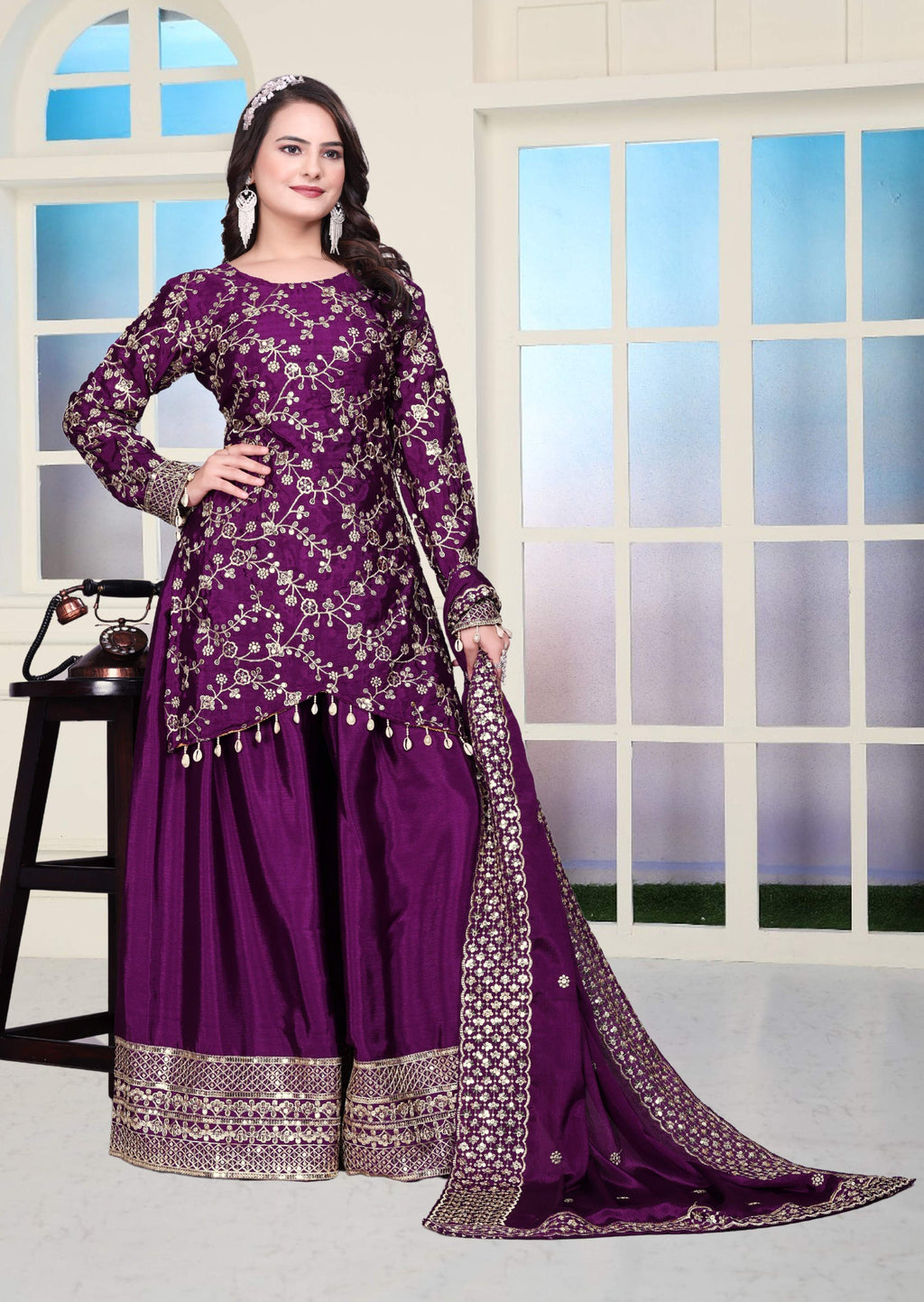 Teeya Creation Wine Color Chinnon Silk Heavy Embroidery Work Fully Stitched Sharara Suit