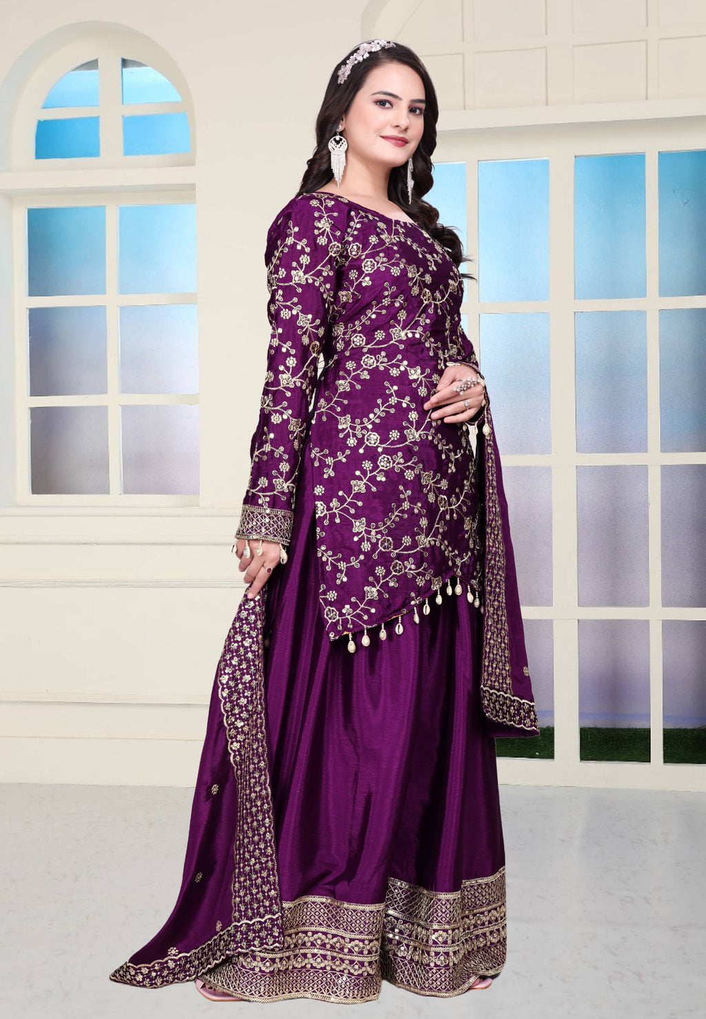 Teeya Creation Wine Color Chinnon Silk Heavy Embroidery Work Fully Stitched Sharara Suit