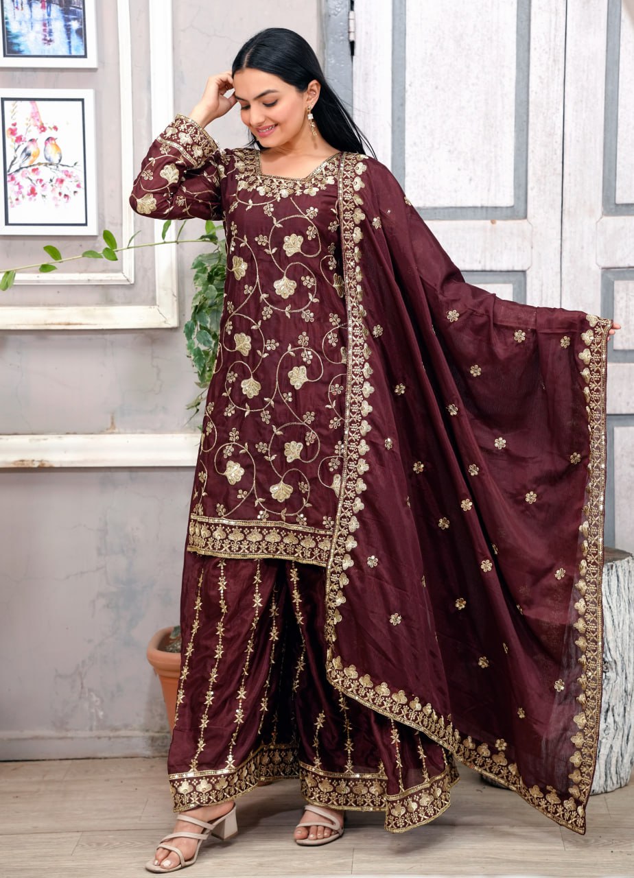 Teeya Creation Maroon Color Chinnon Silk Embroidery Work Fully Stitched Salwar Suit - Distacart