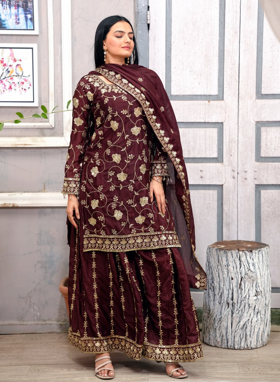 Teeya Creation Maroon Color Chinnon Silk Embroidery Work Fully Stitched Salwar Suit - Distacart