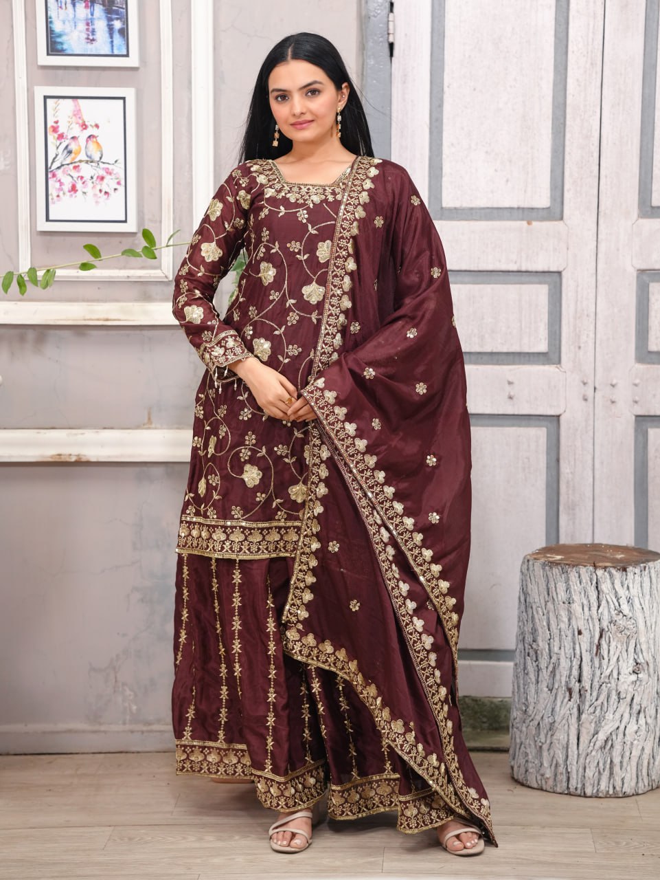 Teeya Creation Maroon Color Chinnon Silk Embroidery Work Fully Stitched Salwar Suit - Distacart
