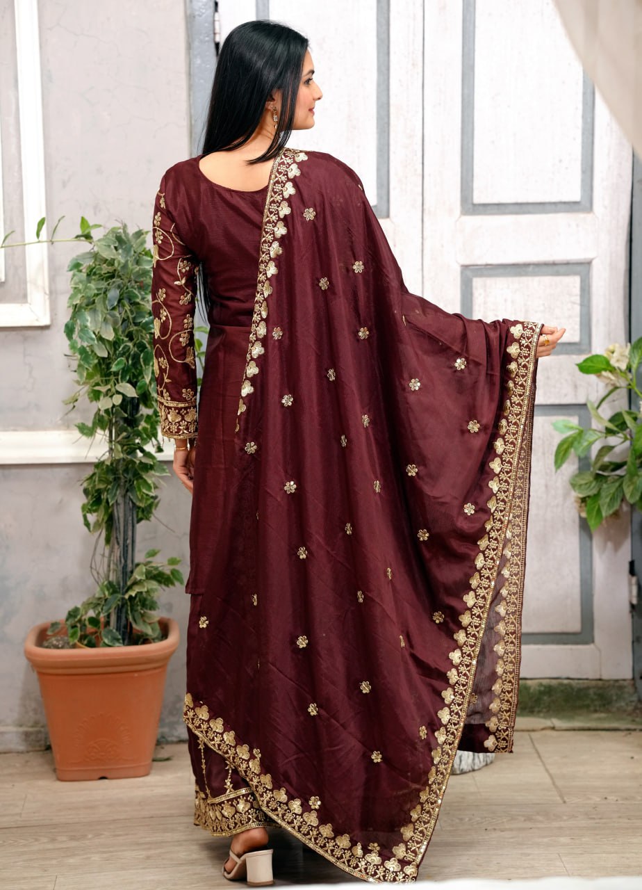 Teeya Creation Maroon Color Chinnon Silk Embroidery Work Fully Stitched Salwar Suit - Distacart