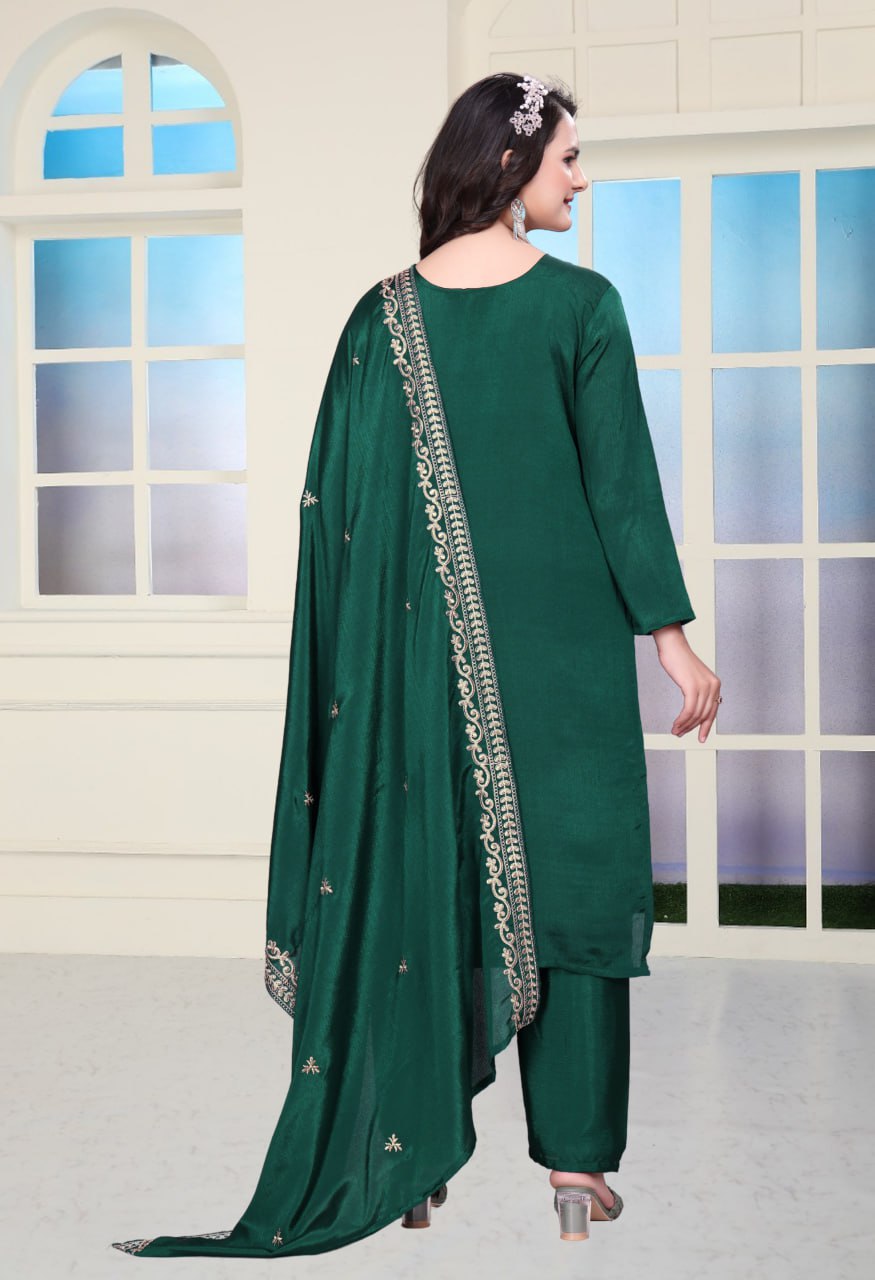 Teeya Creation Green Color Chinnon Silk Embroidery Work Fully Stitched Salwar Suit