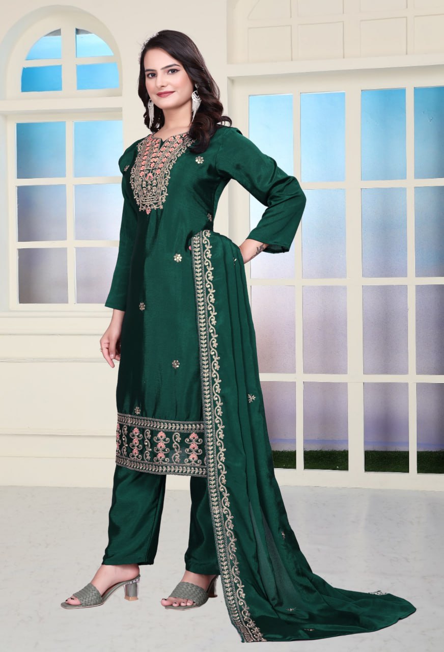 Teeya Creation Green Color Chinnon Silk Embroidery Work Fully Stitched Salwar Suit
