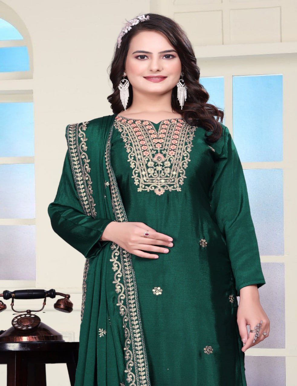 Teeya Creation Green Color Chinnon Silk Embroidery Work Fully Stitched Salwar Suit