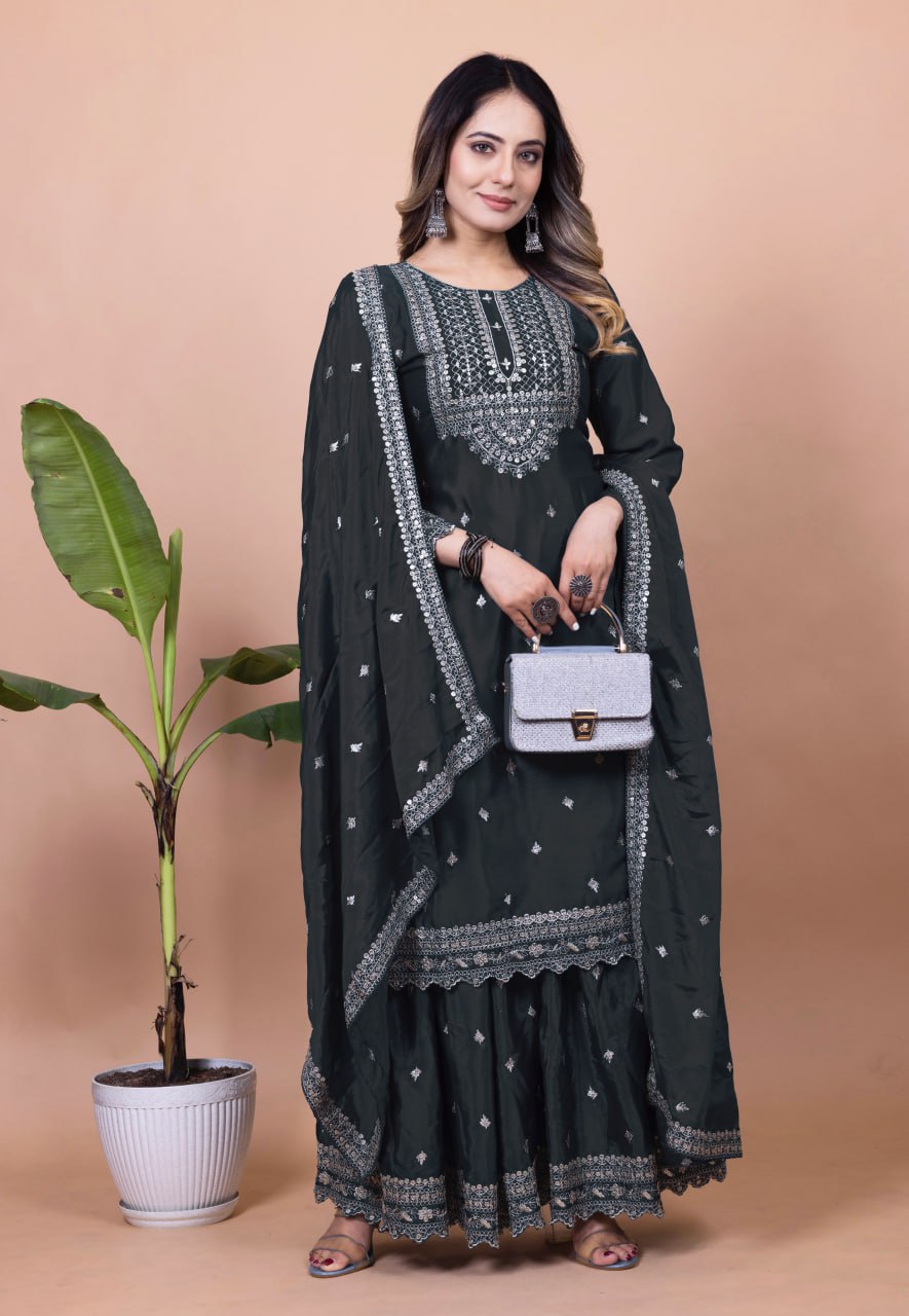 Teeya Creation Black Color Chinnon Silk Embroidery Work Fully Stitched Salwar Suit - Distacart