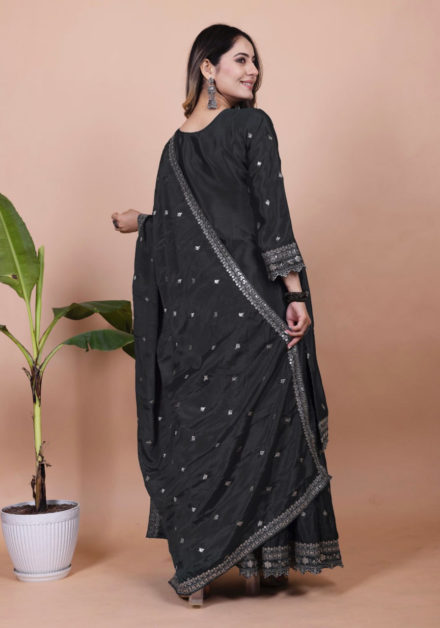 Teeya Creation Black Color Chinnon Silk Embroidery Work Fully Stitched Salwar Suit - Distacart
