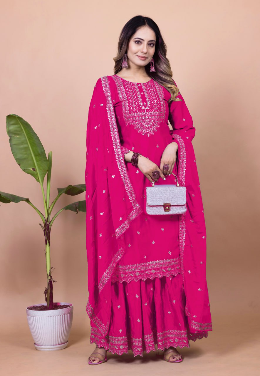 Teeya Creation Rani Color Chinnon Silk Embroidery Work Fully Stitched Salwar Suit