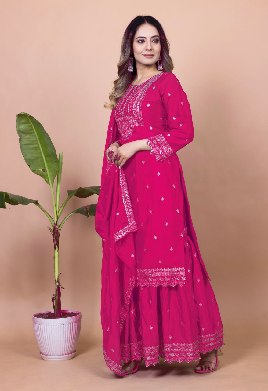 Teeya Creation Rani Color Chinnon Silk Embroidery Work Fully Stitched Salwar Suit
