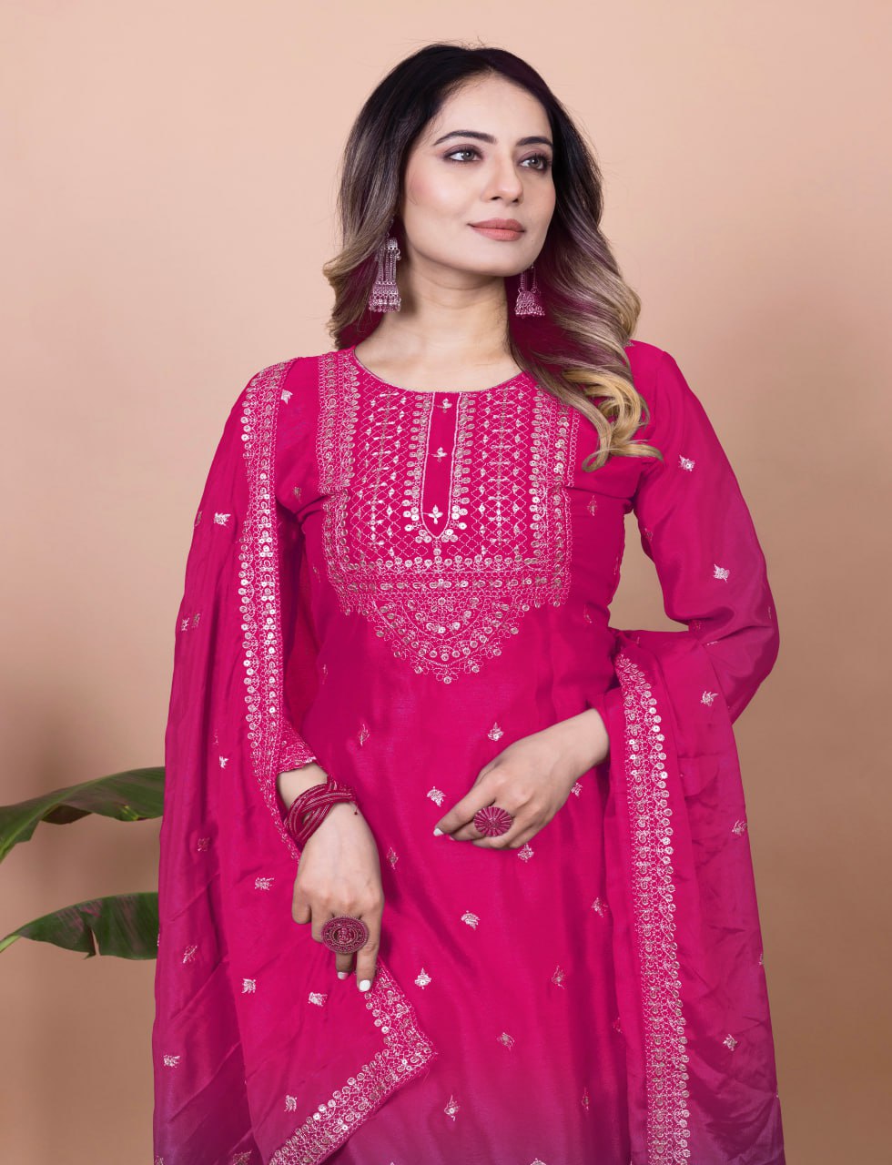 Teeya Creation Rani Color Chinnon Silk Embroidery Work Fully Stitched Salwar Suit