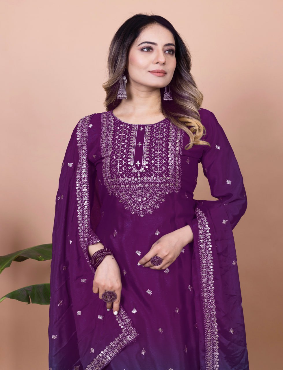 Teeya Creation Wine Color Chinnon Silk Embroidery Work Fully Stitched Salwar Suit