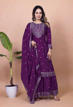 Teeya Creation Wine Color Chinnon Silk Embroidery Work Fully Stitched Salwar Suit
