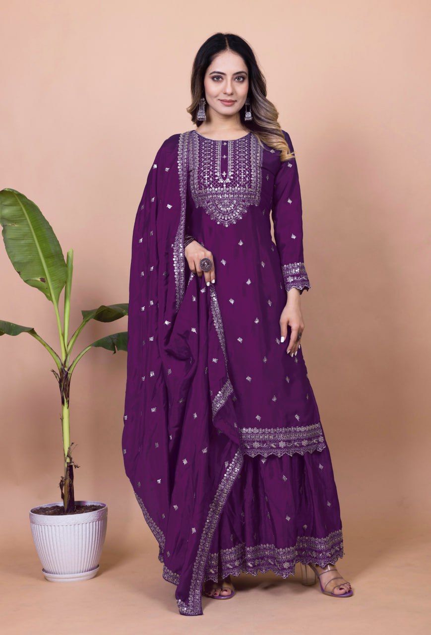 Teeya Creation Wine Color Chinnon Silk Embroidery Work Fully Stitched Salwar Suit