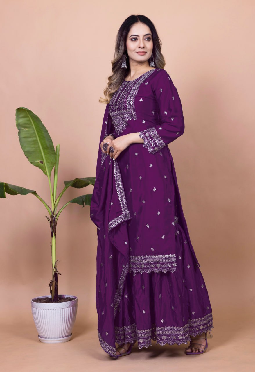 Teeya Creation Wine Color Chinnon Silk Embroidery Work Fully Stitched Salwar Suit