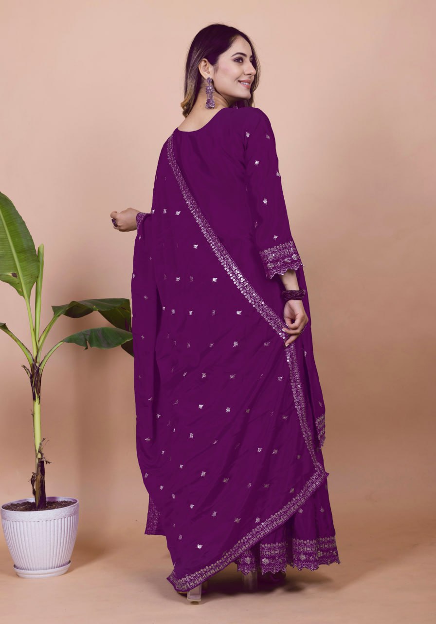Teeya Creation Wine Color Chinnon Silk Embroidery Work Fully Stitched Salwar Suit