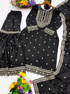 Prazu Fashion Black Chinon Silk Sequence Embroidered Sharara Suit - Distacart