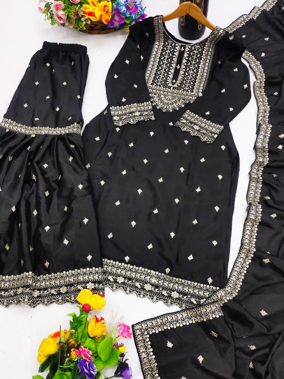 Prazu Fashion Black Chinon Silk Sequence Embroidered Sharara Suit - Distacart