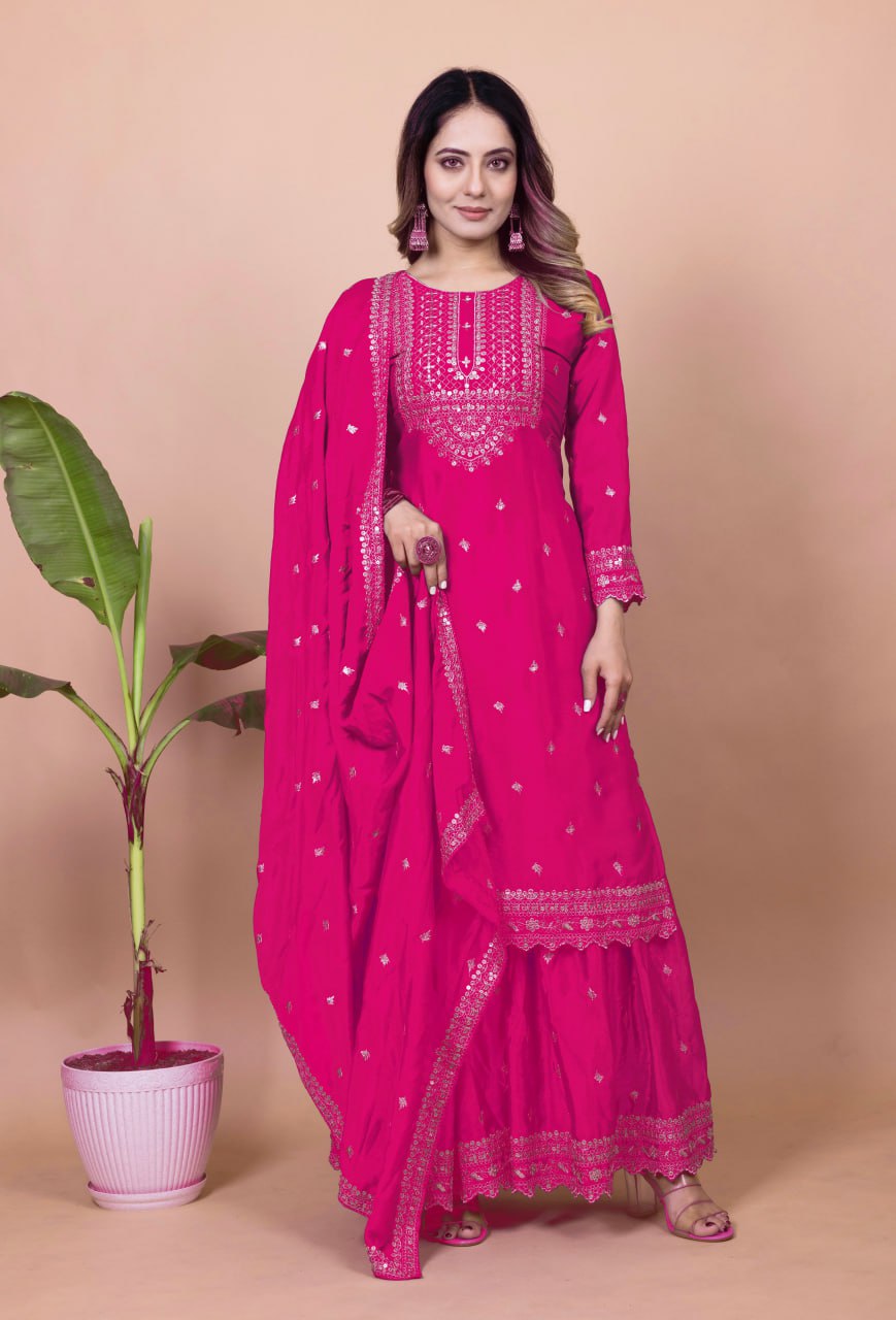Prazu Fashion Pink Chinon Silk Sequence Embroidered Sharara Suit - Distacart