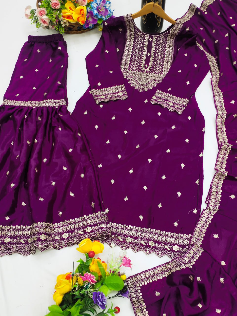 Prazu Fashion Purple Chinon Silk Sequence Embroidered Sharara Suit - Distacart