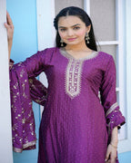 Teeya Creation Wine Color Chinnon Silk Embroidery Work Fully Stitched Salwar Suit