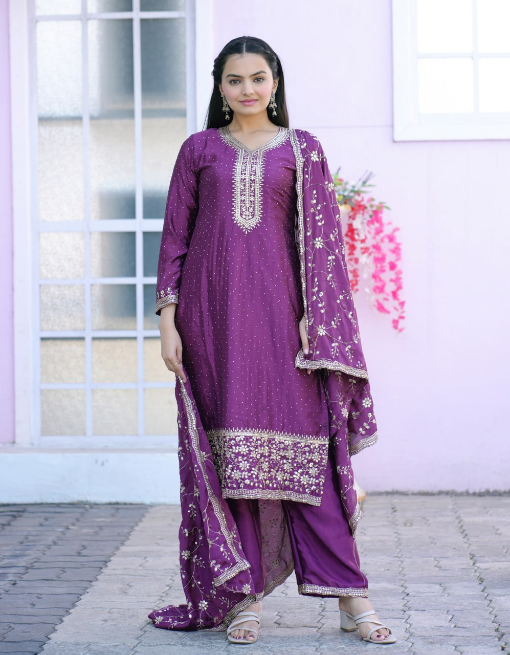 Teeya Creation Wine Color Chinnon Silk Embroidery Work Fully Stitched Salwar Suit