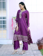 Teeya Creation Wine Color Chinnon Silk Embroidery Work Fully Stitched Salwar Suit
