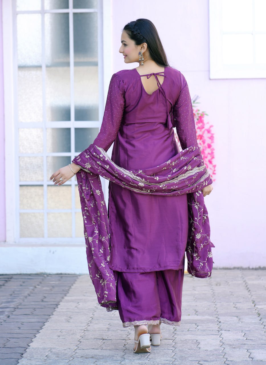 Teeya Creation Wine Color Chinnon Silk Embroidery Work Fully Stitched Salwar Suit