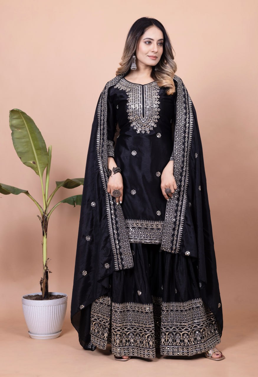 Teeya Creation Black Color Chinnon Silk Embroidery Work Fully Stitched Salwar Suit - Distacart