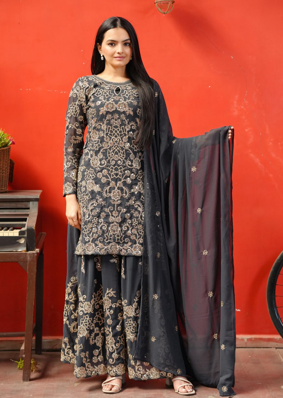 Teeya Creation Black Color Faux Georgette Embroidery Work Fully Stitched Salwar Suit