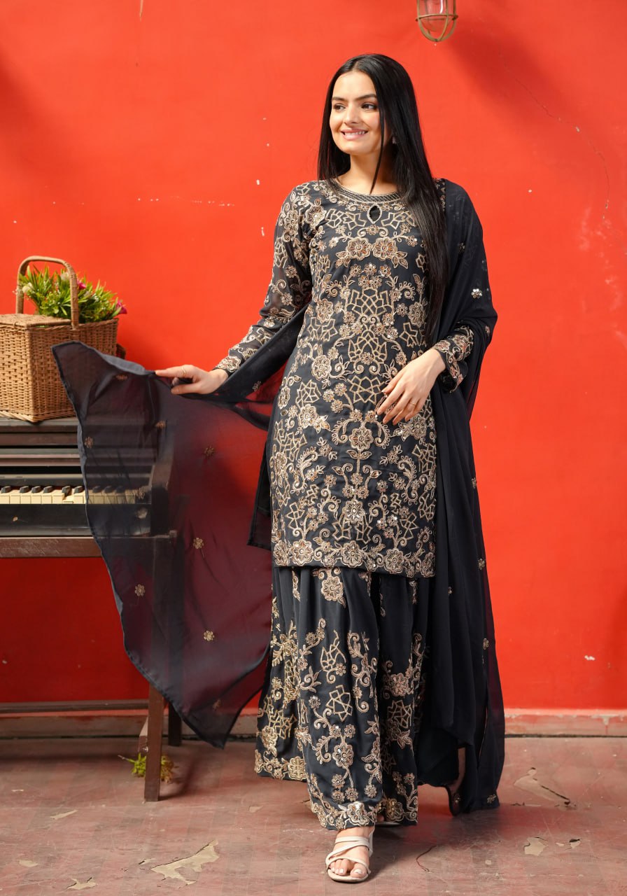 Teeya Creation Black Color Faux Georgette Embroidery Work Fully Stitched Salwar Suit