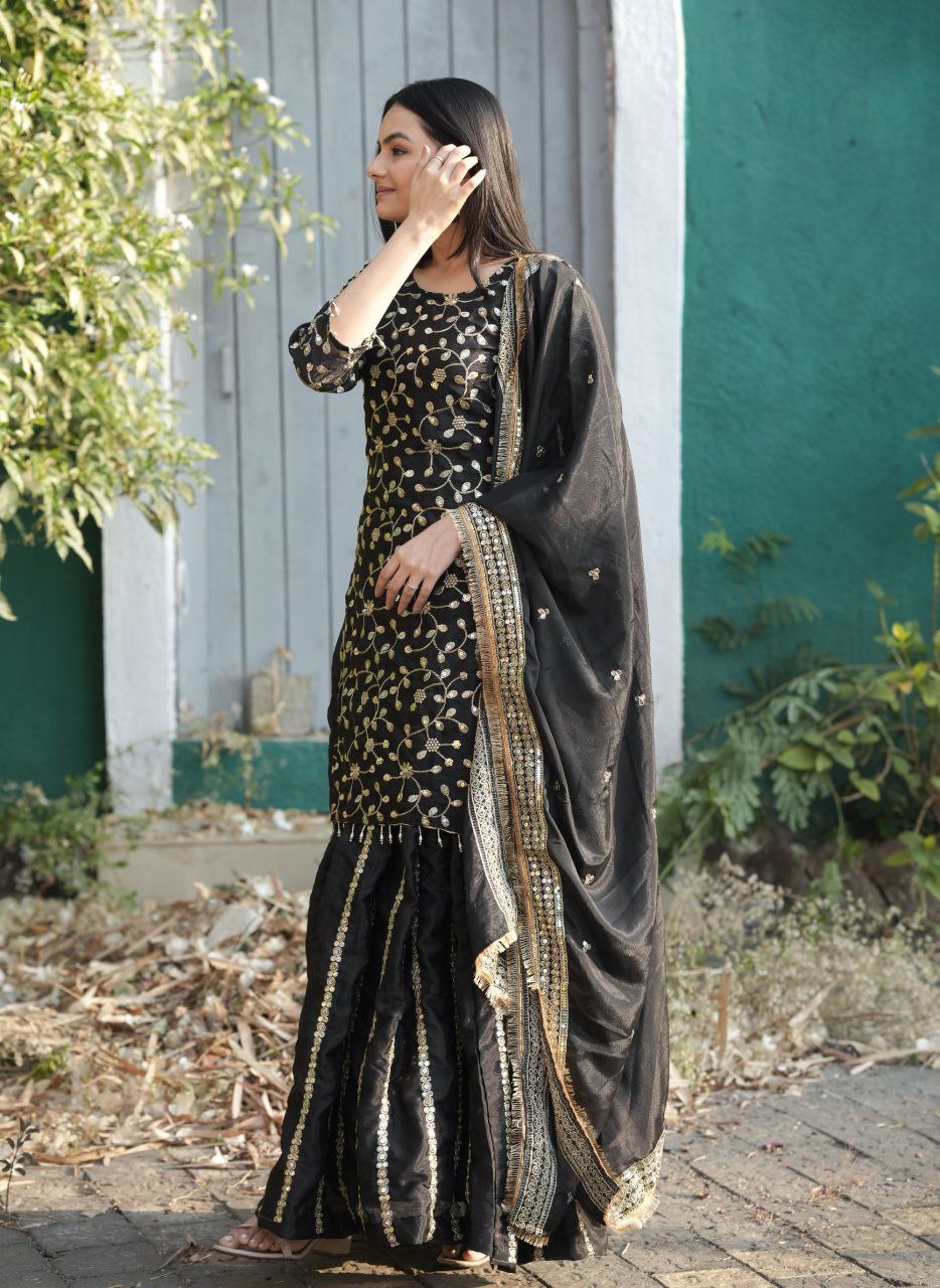 Teeya Creation Black Color Chinnon Silk Embroidery Work Fully Stitched Salwar Suit