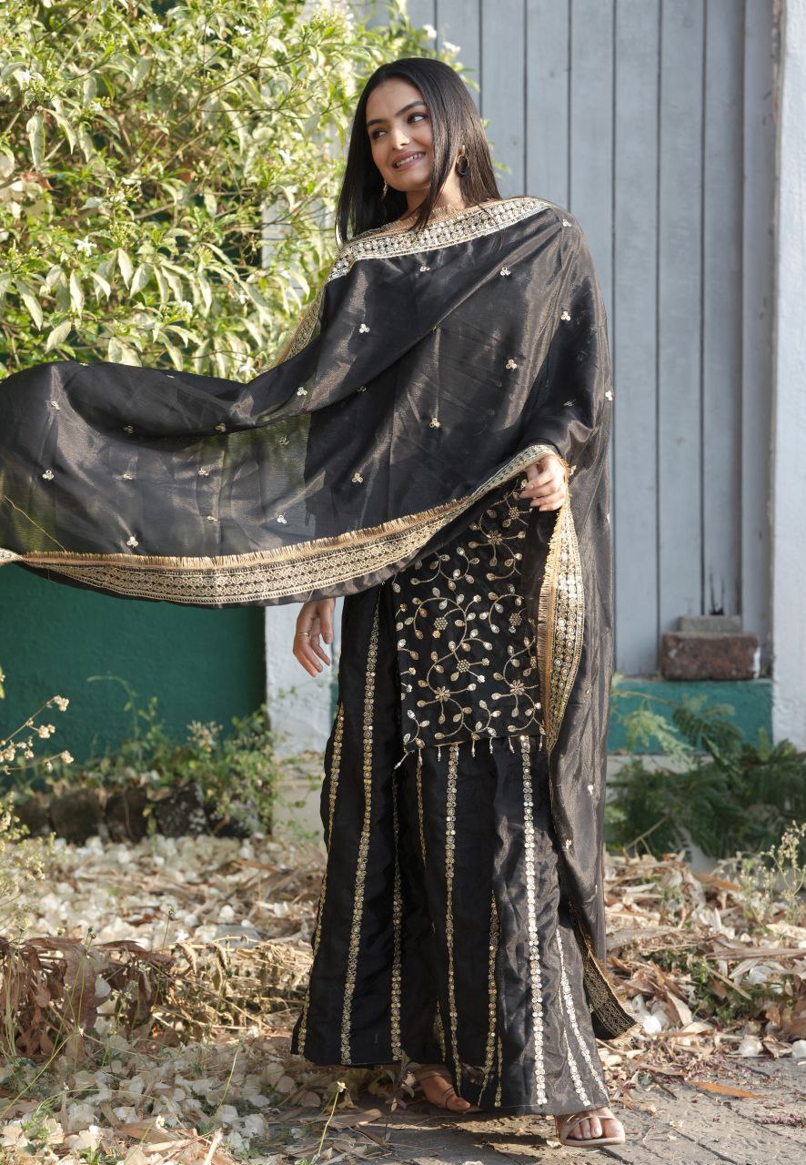 Teeya Creation Black Color Chinnon Silk Embroidery Work Fully Stitched Salwar Suit