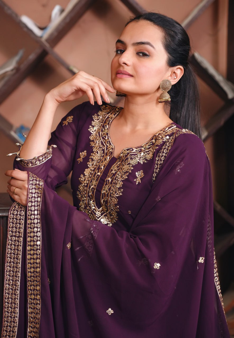 Prazu Fashion Dark Purple Georgette Sequence Embroidered Salwar Suit - Distacart