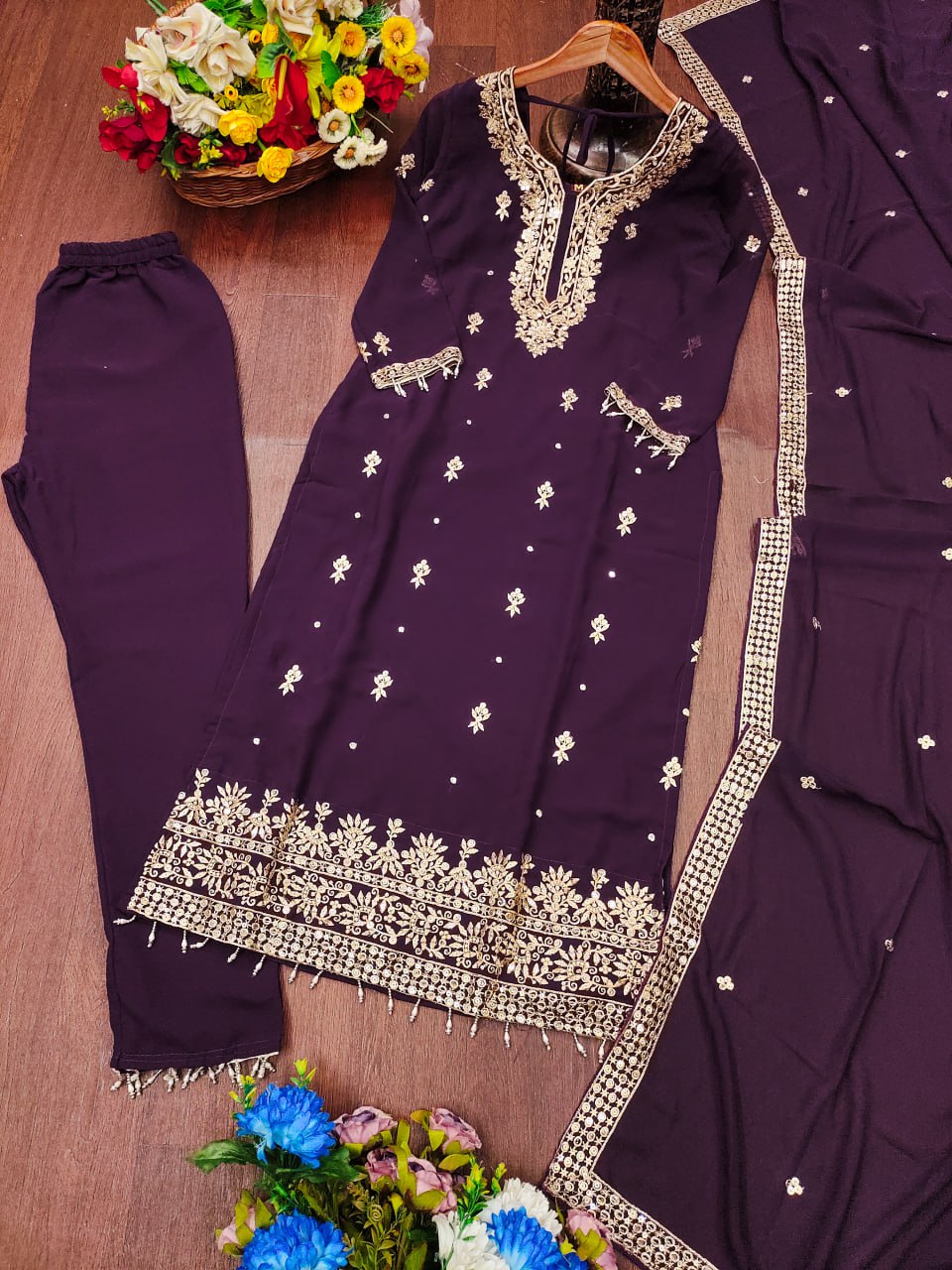 Prazu Fashion Dark Purple Georgette Sequence Embroidered Salwar Suit - Distacart