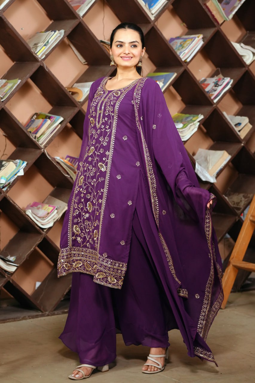 Prazu Fashion Purple Georgette Sequence Embroidered Sharara Suit - Distacart
