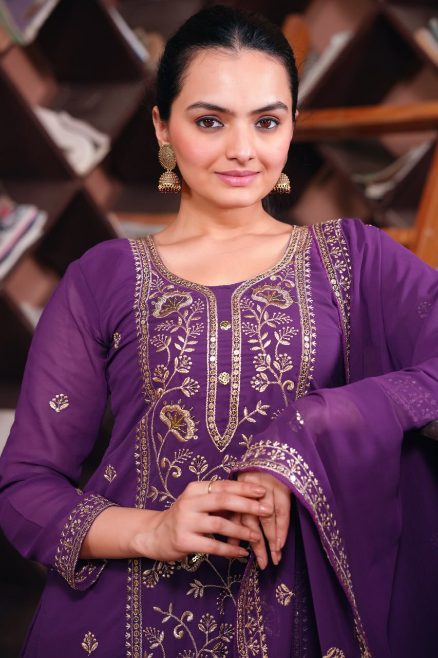Prazu Fashion Purple Georgette Sequence Embroidered Sharara Suit - Distacart