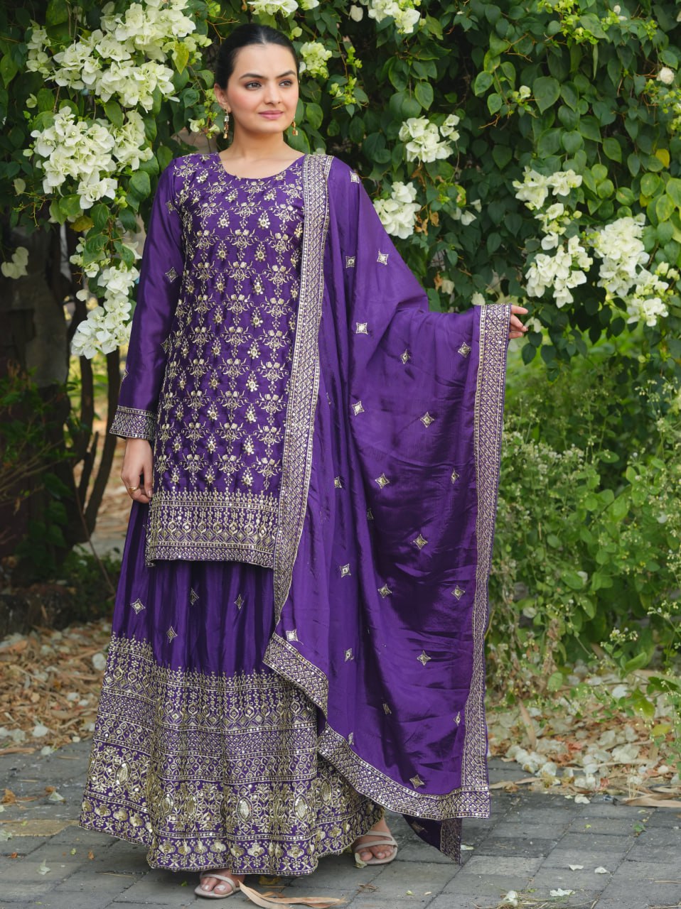 Prazu Fashion Violet Chinon Silk Sequence Embroidered Sharara Suit - Distacart